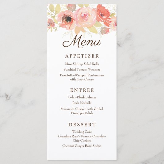 Elégante aquarelle Coral & Or Rose Mariage Menu (Devant)