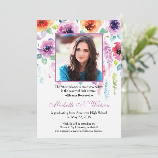 Elégante aquarelle Floral Graduation Faire-part (Debout devant)