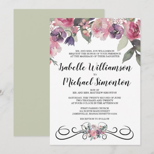 Elégante aquarelle Floral Wedding Invitations (Devant / Derrière)