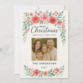 Elégante aquarelle Florale Carte photo de Noël (Devant)