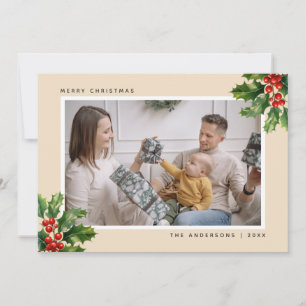 Elégante aquarelle Holly Photo Cartes de Noël