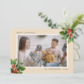 Elégante aquarelle Holly Photo Cartes de Noël (Debout devant)
