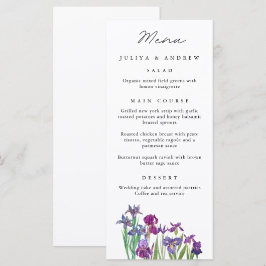 Elégante aquarelle Iris fleur Mariage Carte menu (Devant / Derrière)
