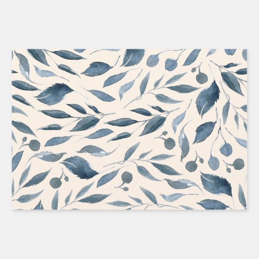 Elégante aquarelle moderne Feuille Motif bleu mari (Devant)