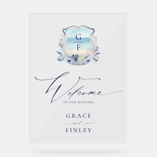 Elégante aquarelle plage Monogram Crest Mariage (Recto)