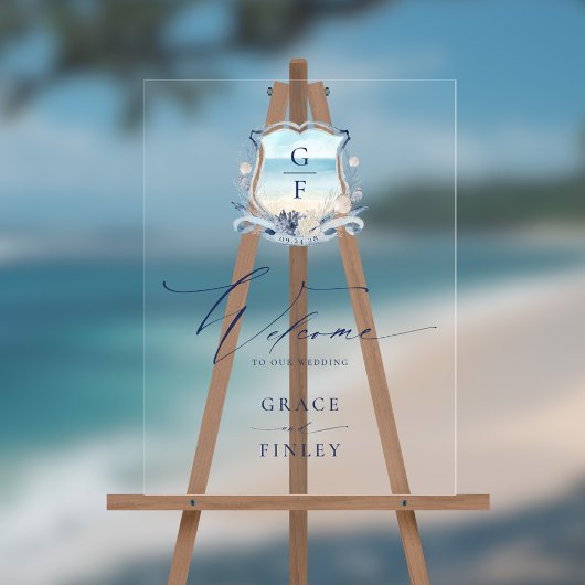 Elégante aquarelle plage Monogram Crest Mariage