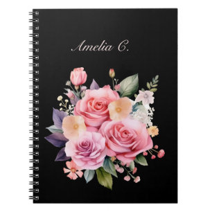 Elégante aquarelle Rose Bouquet Carnet noir
