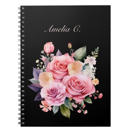 Elégante aquarelle Rose Bouquet Carnet noir (Devant)