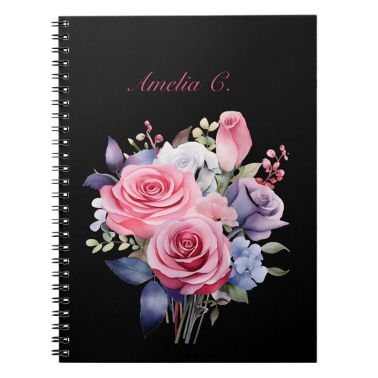 Elégante aquarelle Rose Bouquet Carnet noir (Devant)