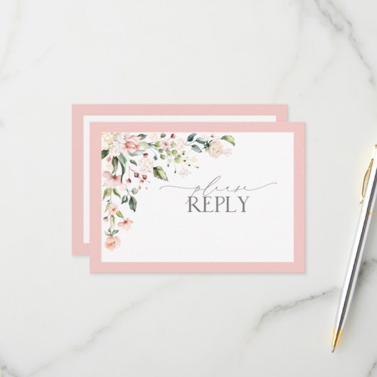 Elégante Aquarelle rose Mariage floral RSVP (Devant/Arrière en situation)