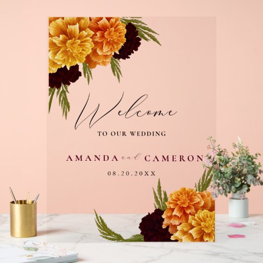 Elégante Aquarelle rouge bordeaux"MARIGOLD"Bienven (Mariage)