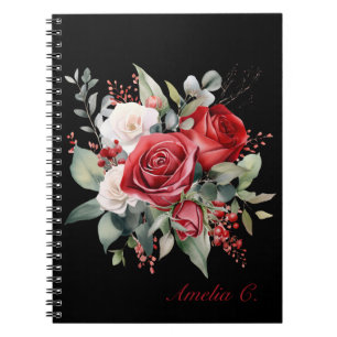 Elégante aquarelle Rouge Rose Bouquet Carnet noir
