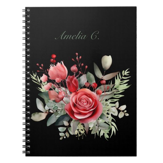 Elégante aquarelle Rouge Rose Bouquet Carnet noir (Devant)
