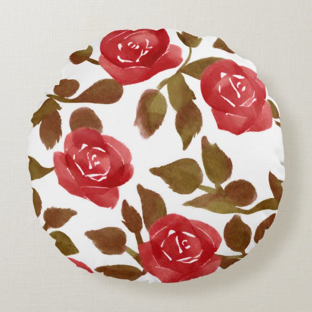 Elégante aquarelle Rouge Rose Bouquet Coussin rond (Devant)