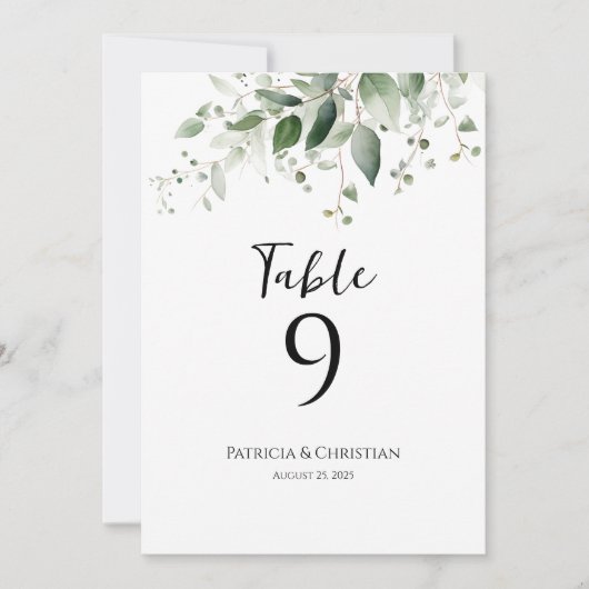 Elégante aquarelle verdure mariage numéro de table (Devant)