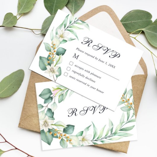Elégante aquarelle vert Eucalyptus carte RSVP