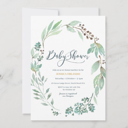 Elégante aquarelle verte Baby shower Invitation (Devant)
