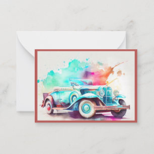 ELEGANTE AQUELELWATERVERF OUDE AUTO ONTWERP NOTITIEKAARTJE