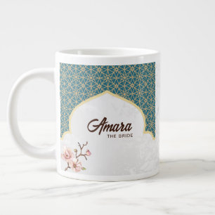 Elegante Arabesque Trouwmok Diep Teal & Goud Extra Grote Beker