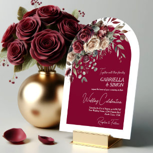 Elegante Arch Bourgondië & Cream Rozen bruiloft Kaart