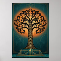 Elegante Art Deco Boom Silhouet Goud & Teal Poster