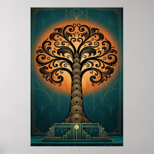 Elegante Art Deco Boom Silhouet Goud & Teal Poster