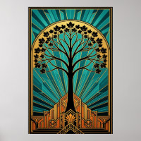 Elegante Art Deco Esdoorn Boom Silhouet Goud Teal