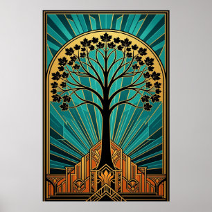 Elegante Art Deco Esdoorn Boom Silhouet Goud Teal Poster