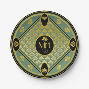 Elegante Art Deco Fan Patroon Monogram Huwelijk Papieren Bordje