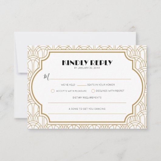 Elegante Art Deco Gatsby 1920s Bruiloft Wit Goud RSVP Kaartje (Voorkant)