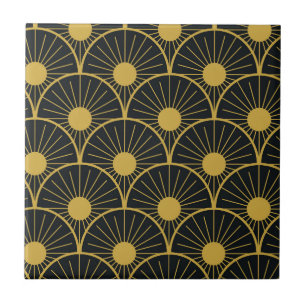 Elegante Art Deco Gouden Abstracte Zon op Zwart Tegeltje