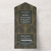 Elegante Art Deco Gouden Groene Bruiloft All In One Uitnodiging (Binnen)