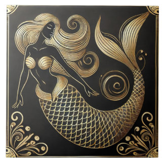Elegante Art Deco Gouden Zeemeermin Tegeltje