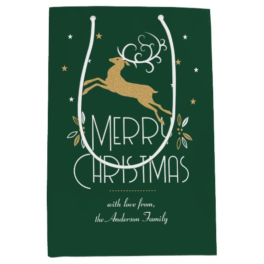 Elegante Art Deco Kerstrendier groen goud Medium Cadeauzakje (Voorkant)