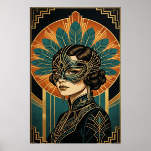 Elegante Art Deco Maskerade Vrouw Goud Teal Poster