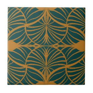 Elegante Art Deco Mosterd & Blauwgroen Gouache Sca Tegeltje