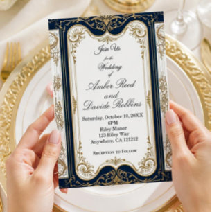 Elegante Art Deco Navy & Gouden Trouwuitnodiging Folie Uitnodiging