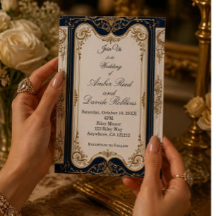 Elegante Art Deco Navy & Gouden Trouwuitnodiging Folie Uitnodiging