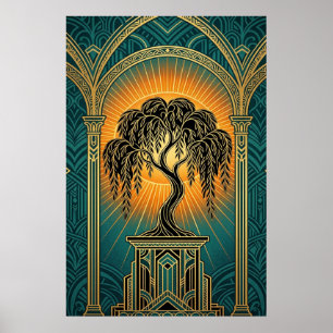 Elegante Art Deco Treurwilg Goud & Teal Poster