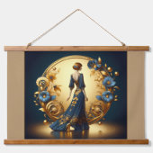 Elegante art deco vrouw in goud en blauw hangend wandkleed (Voorkant)