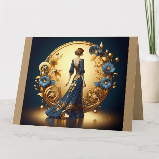 Elegante art deco vrouw in goud en blauw kaart (Voorkant)