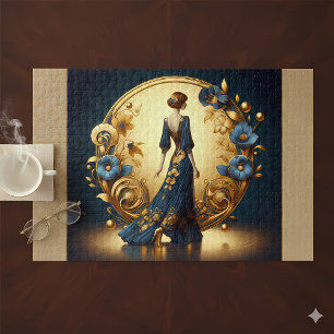 Elegante Art Deco vrouw in goud en blauw Legpuzzel