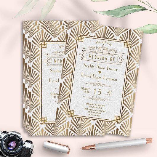 Elegante Art Deco Wit Goud Gatsby 20s Bruiloft Kaart