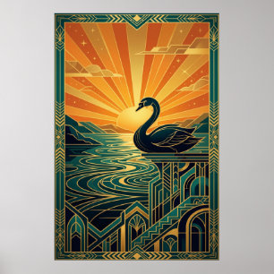 Elegante Art Deco Zwanenmeer Zonsondergang Poster
