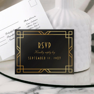Elegante Art Deco Zwart Goud Lijst Eenvoudige RSVP Briefkaart