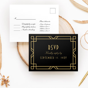 Elegante Art Deco Zwart Goud Lijst Eenvoudige RSVP Briefkaart