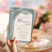 Elegante Art Nouveau Blauwgroen & Zilveren Bloemen Kaart