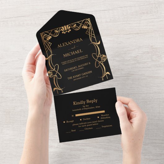 Elegante Art Nouveau bruiloft All In One Uitnodiging (Afscheurbaar)