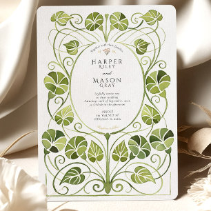 Elegante Art Nouveau groen gebladerte bruiloft Kaart