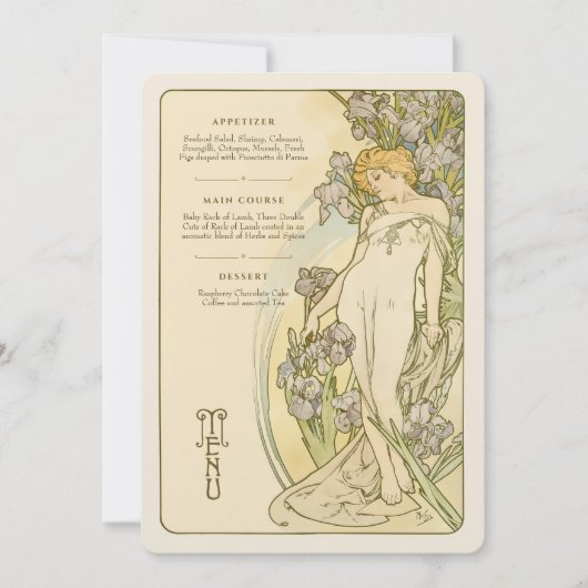 Elegante Art Nouveau Iris Bloemen Godin Menu Kaart (Voorkant)